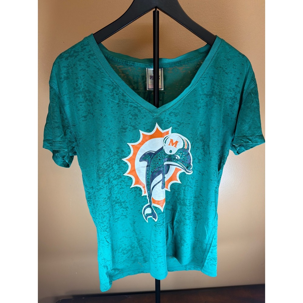 PINK Victoria's Secret Miami Dolphins NFL Burnout V-Neck T-Shirt Rhinestone Teal